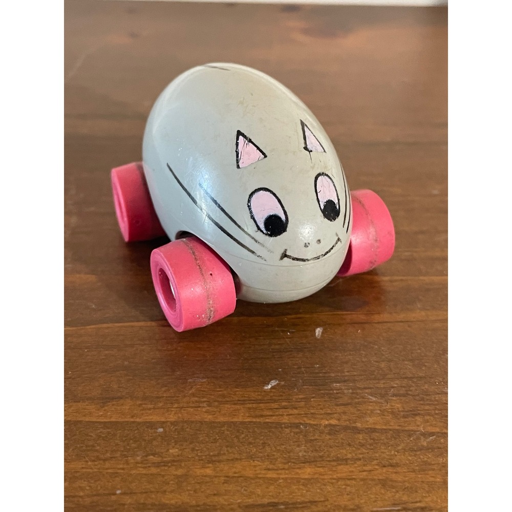 Vintage Tonka Scramblers Cat Egg Toy Gray Pink Wheels Hong Kong Plastic 1980s